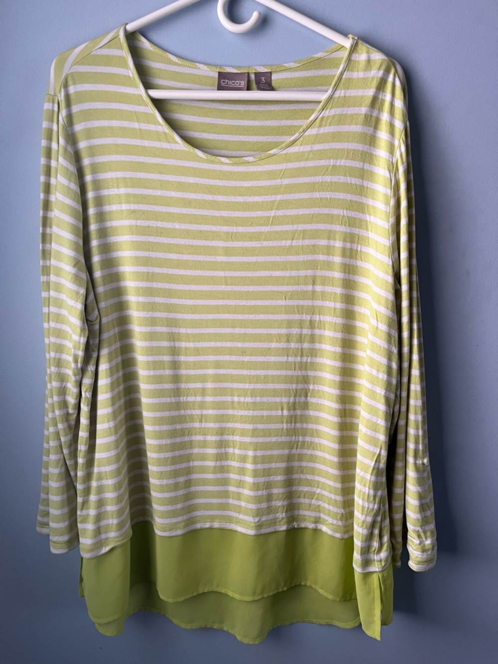 ✨ 3/$30 Chico's Lime Green & White Striped Chiffon Hem Top Size XL 16